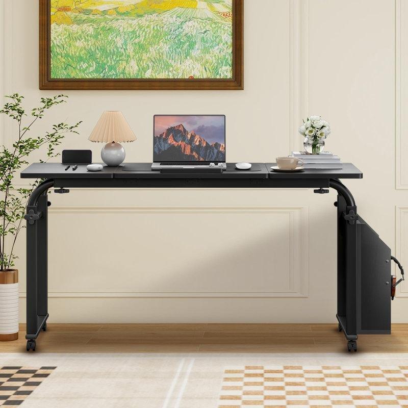 Siyah Endüstriyel Ahşap Tekerlekli Ayarlanabilir Eğilebilir Yatak Masası - 120x40 cm - 336370