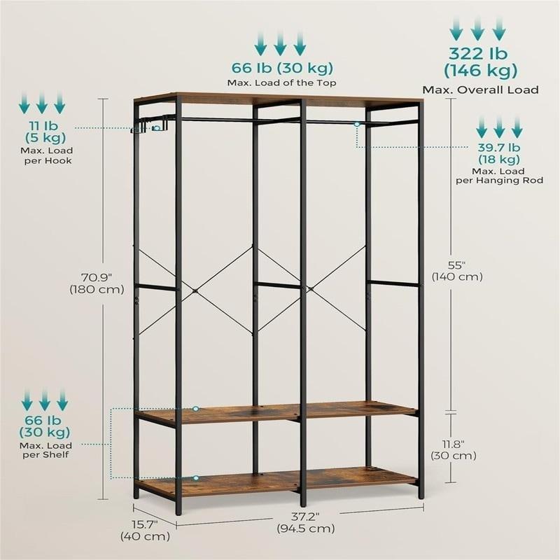 Siyah Kahverengi Ahşap Metal Raflı Ayaklı Askılık - 40x95x181 cm - 336861