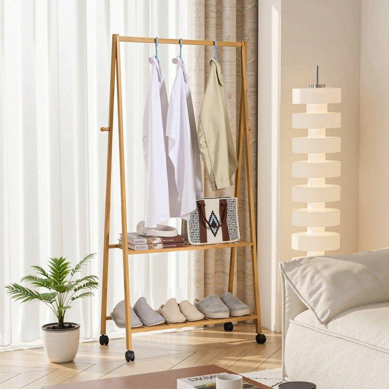 Siyah Masif Bambu 2 Raflı ve Tekerlekli Ayaklı Askılık - 150x71x36 cm - 337171