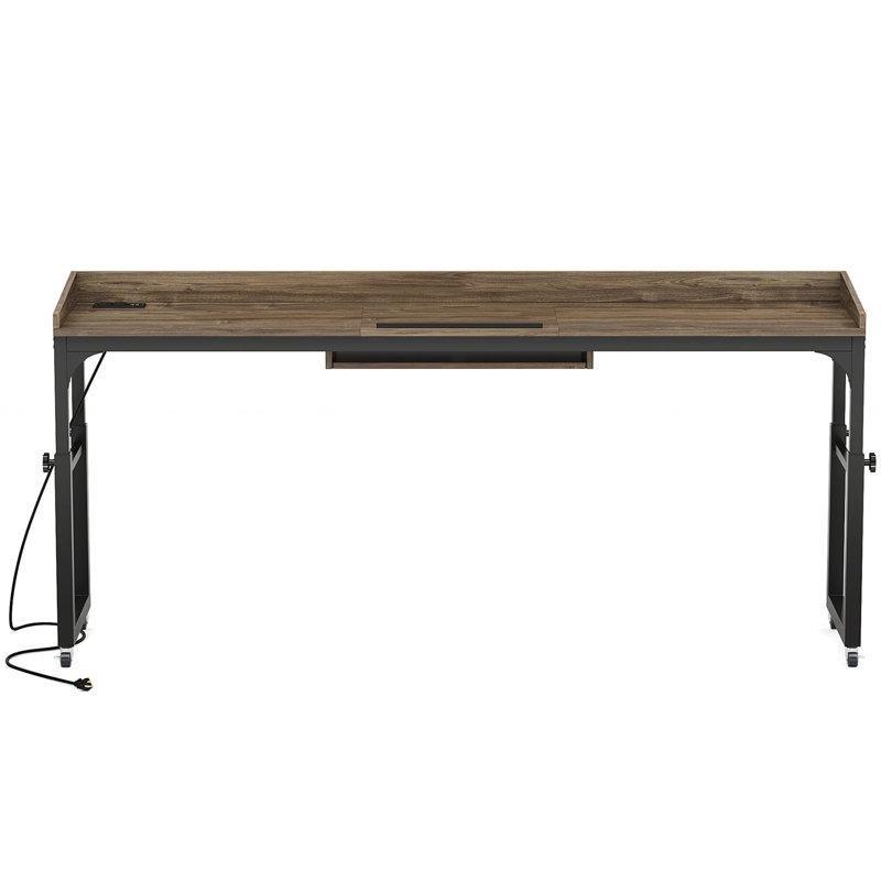 Siyah MDF Metal Yüksekliği Ayarlanabilir Tekerlekli Eğimli Tablalı ve Prizli Yatak Masası - 180 cm - 336653