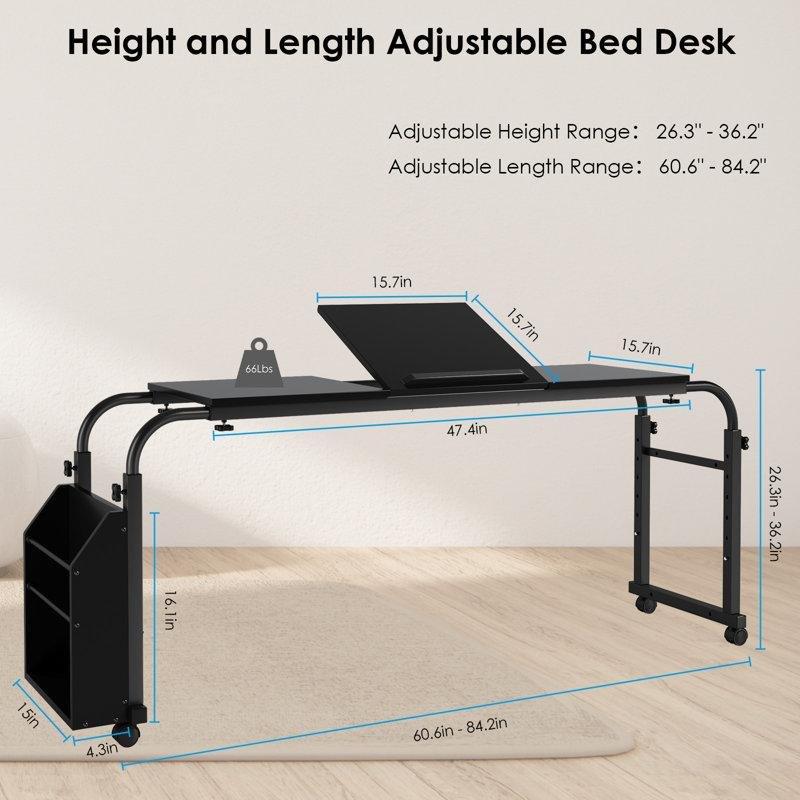 Siyah MDF Tekerlekli Sepetli ve Eğilebilir Tablalı Ayarlanabilir Laptop Sehpası - 335741