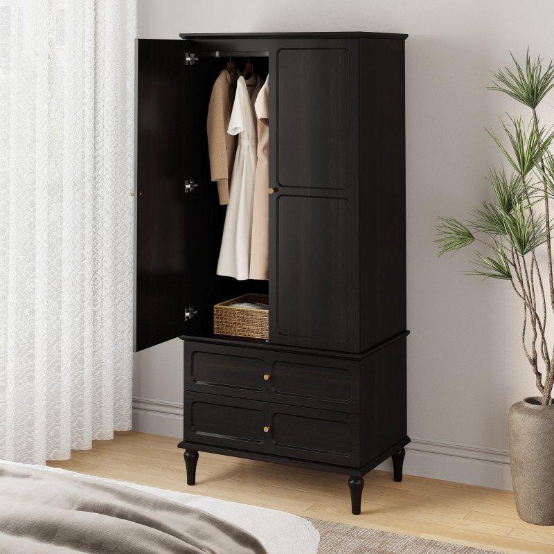 Siyah MDF ve Çam Ahşap Çekmeceli Çift Kapılı Gardırop - 180 cm - 337289