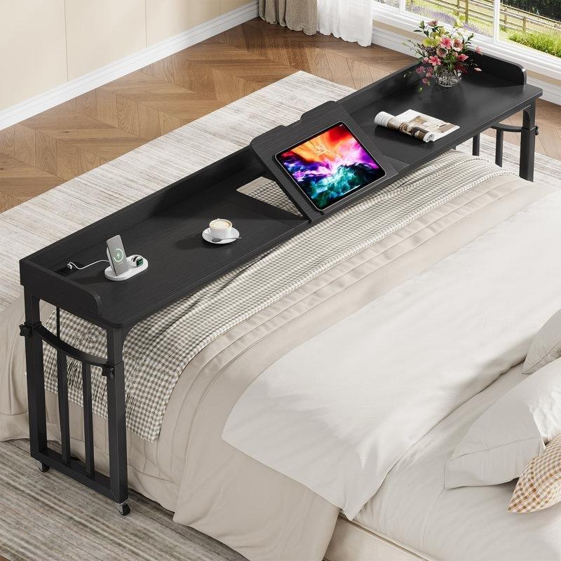Siyah MDF ve Çelik Yüksekliği Ayarlanabilir Prizli Tekerlekli Yatak Masası - 220 cm - 336634