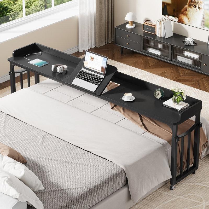 Siyah MDF ve Çelik Yüksekliği Ayarlanabilir Prizli Tekerlekli Yatak Masası - 220 cm - 336634