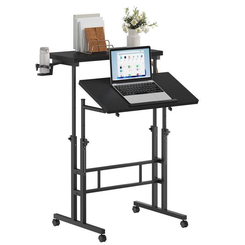 Siyah MDF ve Metal Yüksekliği Ayarlanabilir Eğimli Tablalı Tekerlekli Laptop Sehpası - 60x60 cm - 335723