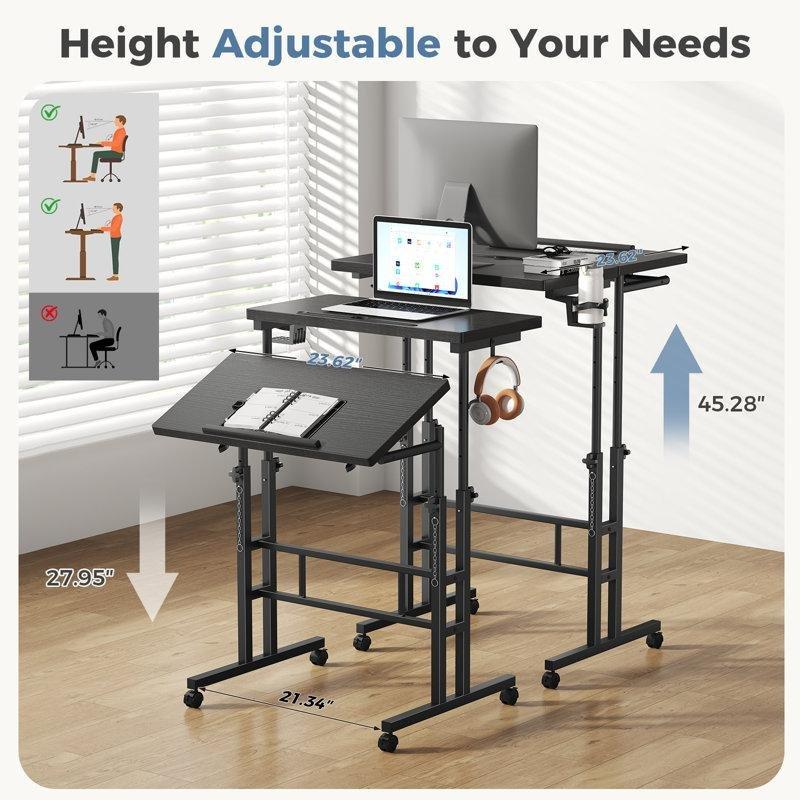 Siyah MDF ve Metal Yüksekliği Ayarlanabilir Eğimli Tablalı Tekerlekli Laptop Sehpası - 60x60 cm - 335723