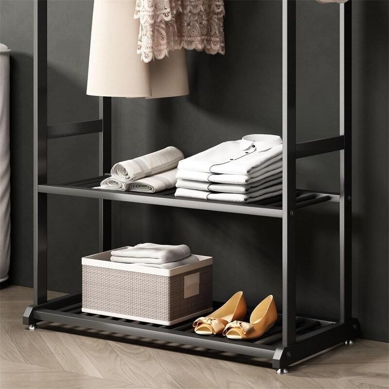 Siyah Metal 2 Raflı 6 Askı Kancalı Ayaklı Askılık - 81x41x172 cm - 337029