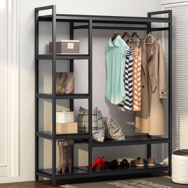 Siyah Metal Ahşap 5 Katlı Raflı Ayaklı Askılık - 120x40x181 cm - 337142