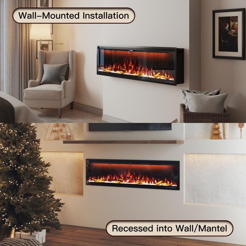 Siyah Metal Akıllı WIFI Kontrollü Duvara MonteGömme Elektrikli Şömine - 153 cm - 339474