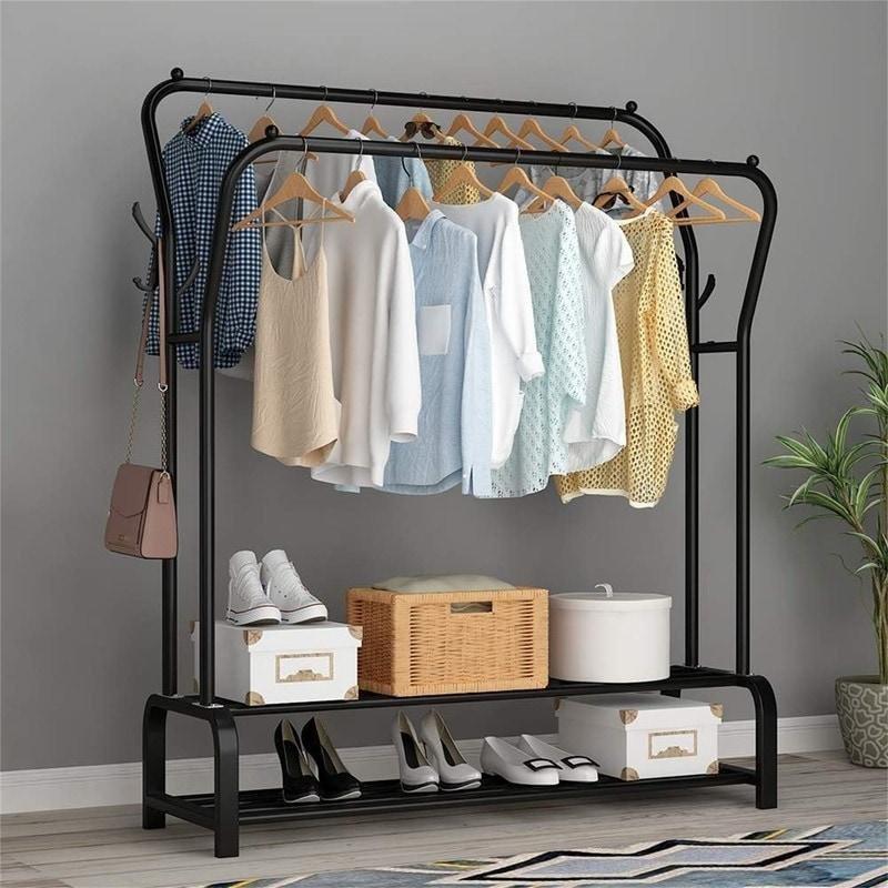 Siyah Metal Çift Askı Borulu Raflı Ayaklı Askılık - 128x34x110 cm - 336941