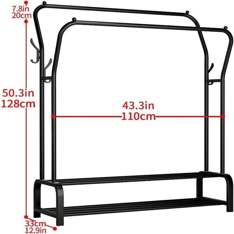 Siyah Metal Çift Askı Borulu Raflı Ayaklı Askılık - 128x34x110 cm - 336941