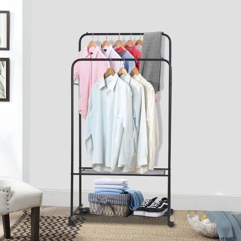 Siyah Metal Çift Askı Borulu Tekerlekli Ayaklı Askılık - 81x51x155 cm - 337131
