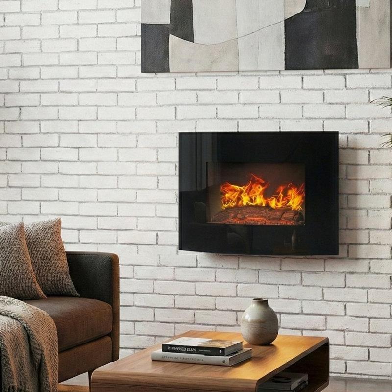 Siyah Metal Kavisli Camlı Duvara Monte Uzaktan Kumandalı Elektrikli Şömine - 66 cm - 339327