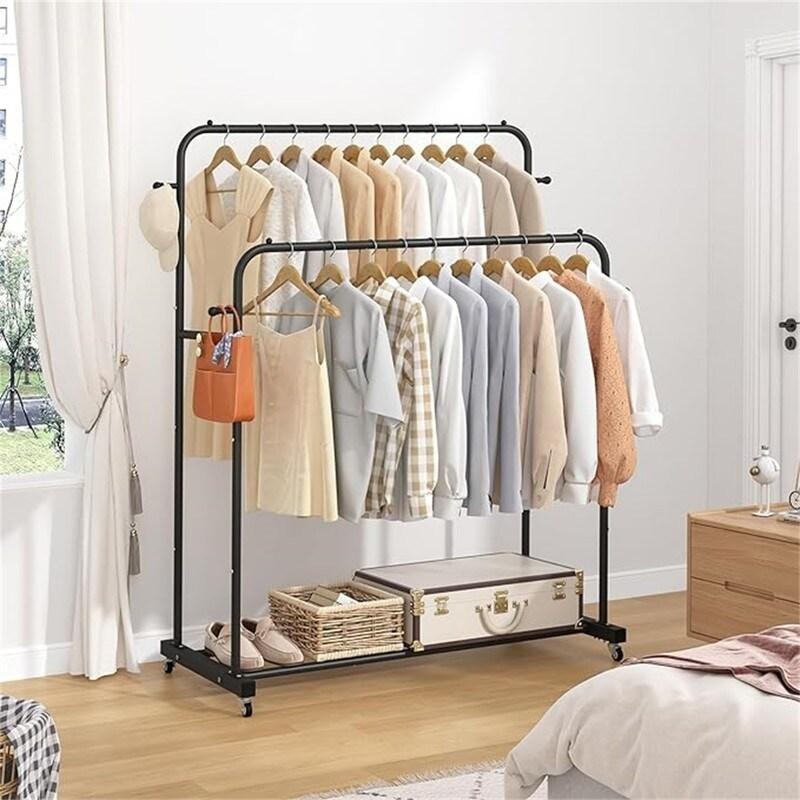 Siyah Metal Tekerlekli Çift Kademeli Ayaklı Askılık - 43x101x170 cm - 336905