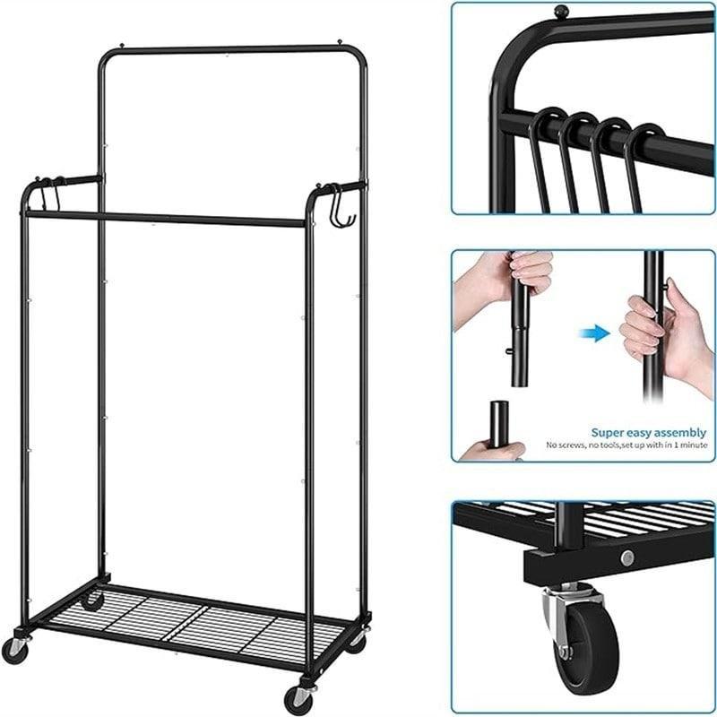 Siyah Metal Tekerlekli Raflı Ayaklı Askılık - 73x42x152 cm - 337146