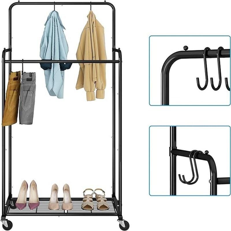 Siyah Metal Tekerlekli Raflı Ayaklı Askılık - 73x42x152 cm - 337146