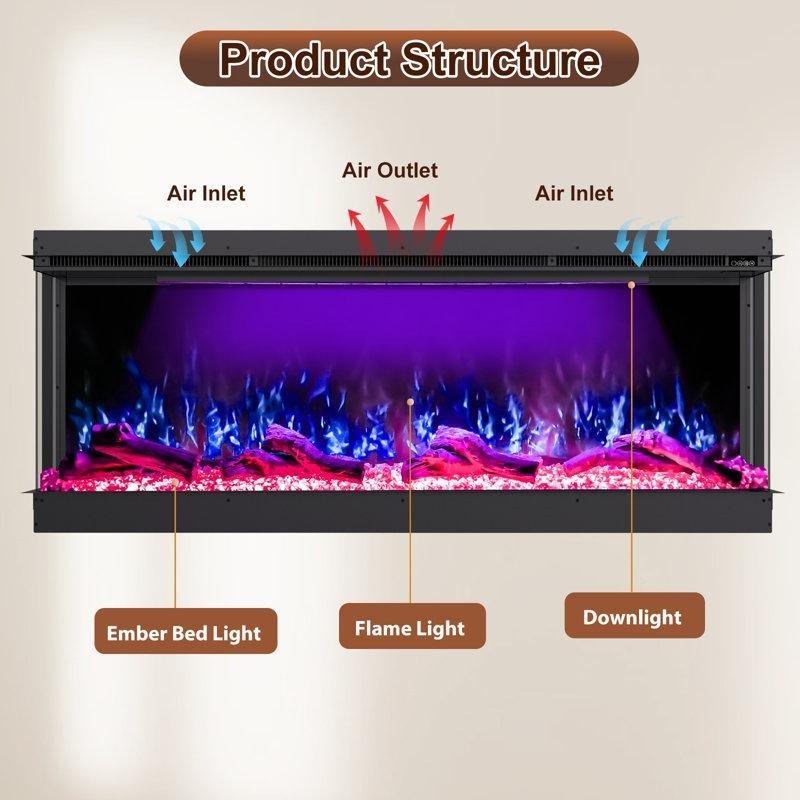 Siyah Metal ve Cam 3 Yüzeyli Akıllı Wi-Fi Kontrollü RGB LED Alevli Elektrikli Şömine - 153 cm - 338989