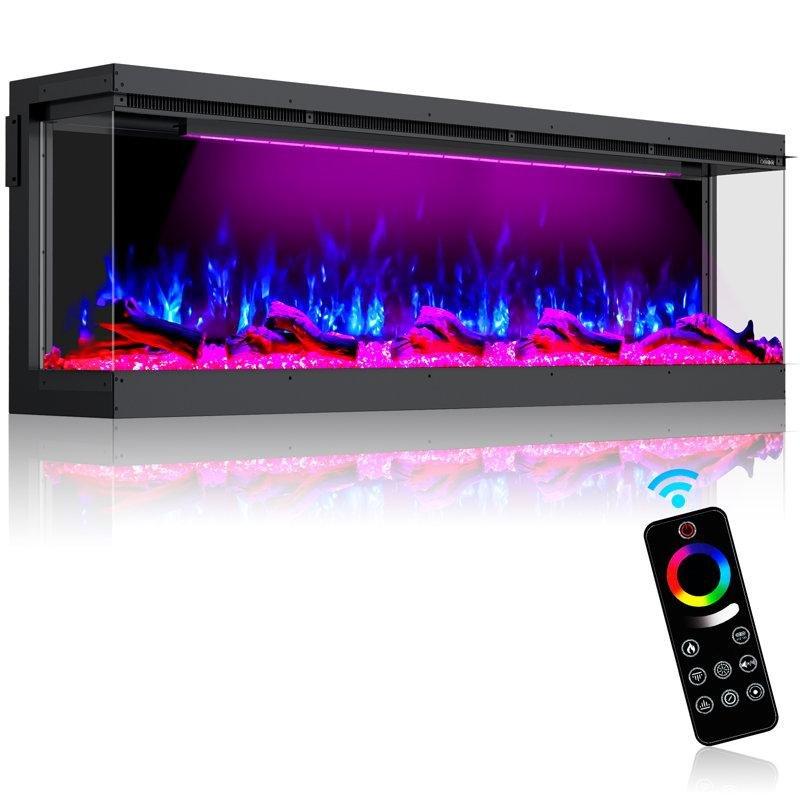 Siyah Metal ve Cam 3 Yüzeyli Akıllı Wi-Fi Kontrollü RGB LED Alevli Elektrikli Şömine - 153 cm - 338989