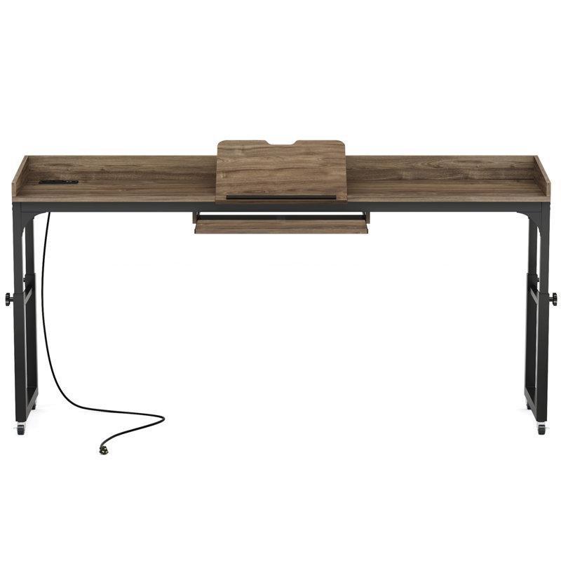 Siyah Metal ve MDF Yüksekliği Ayarlanabilir Tekerlekli ve Prizli Yatak Masası - 180 cm - 336538