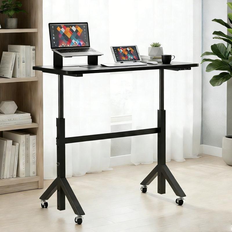 Siyah Paslanmaz Çelik Yüksekliği Ayarlanabilir Tekerlekli 6 Kademeli Laptop Sehpası - 80x40 cm - 335811