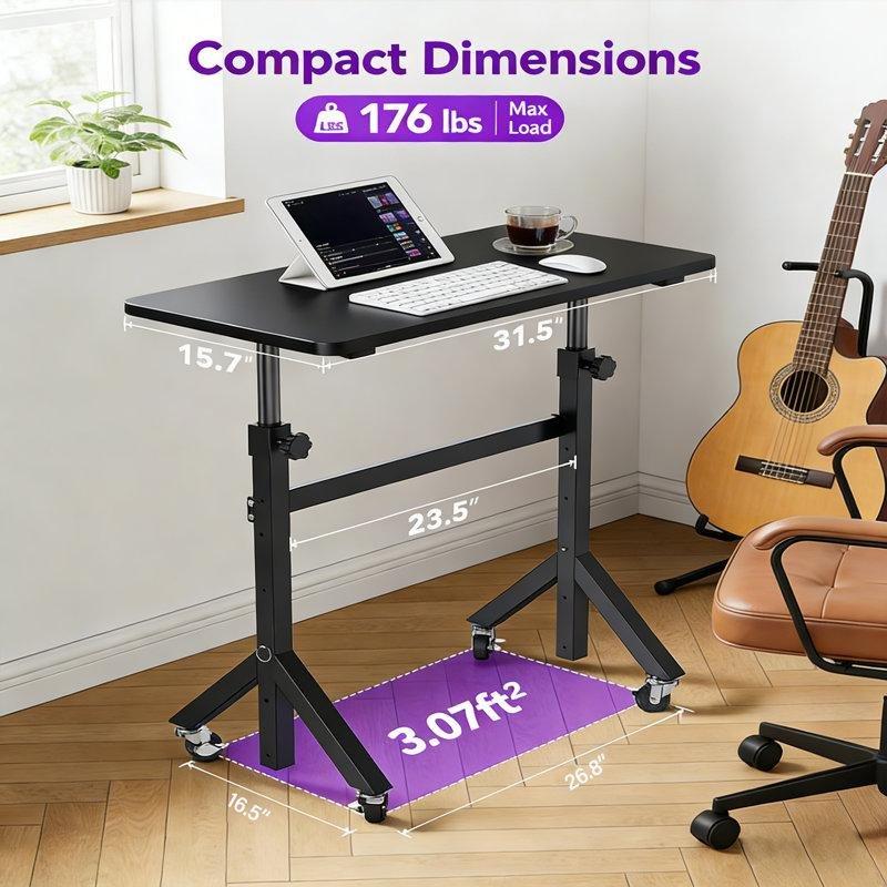 Siyah Paslanmaz Çelik Yüksekliği Ayarlanabilir Tekerlekli 6 Kademeli Laptop Sehpası - 80x40 cm - 335811