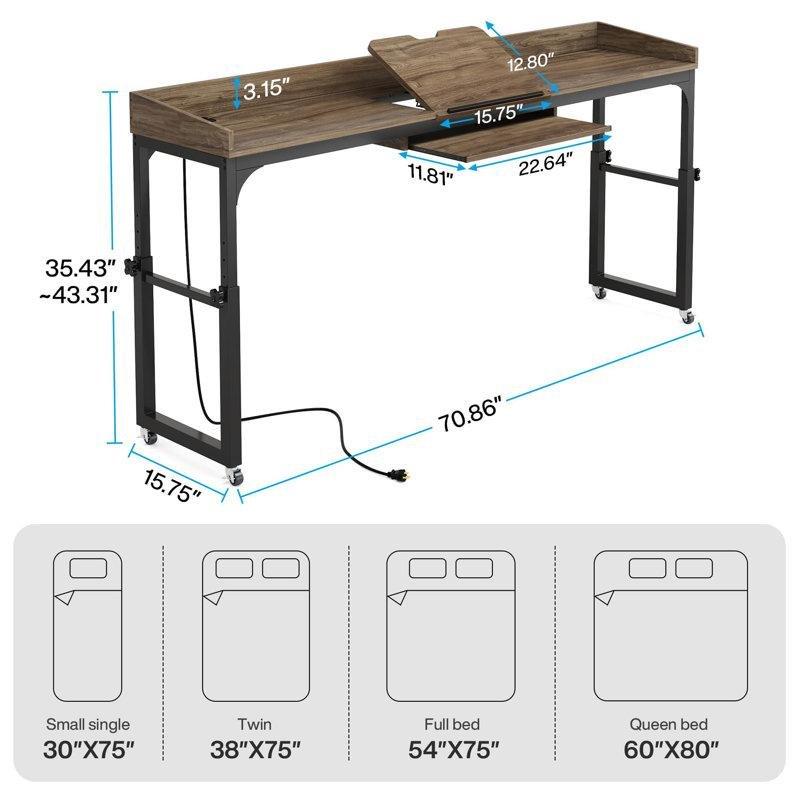 Siyah Prizli ve USB Girişli Yüksekliği Ayarlanabilir Tekerlekli Yatak Masası - 181 cm - 336476