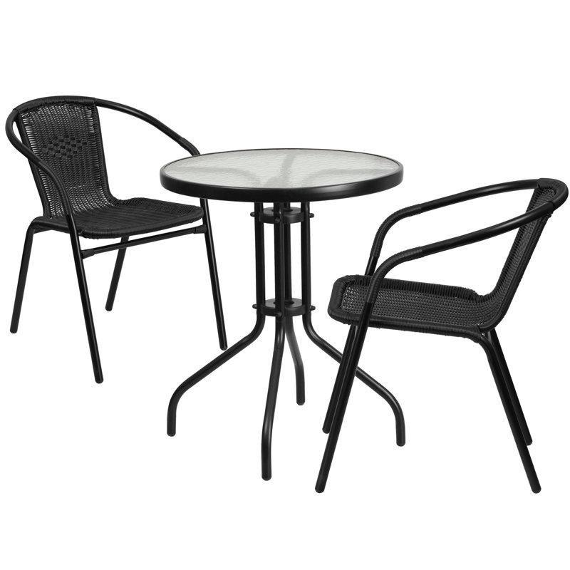 Siyah Rattan Metal İstiflenebilir Yuvarlak Cam Bistro Masa Seti - 61 cm - 338872