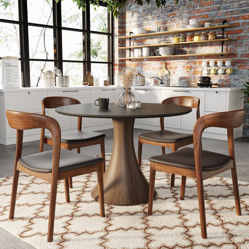 Siyah ve Koyu Ceviz Masif Kauçuk Ağacı Yuvarlak Kaide Ayaklı Bistro Masa - 100 cm - 338425