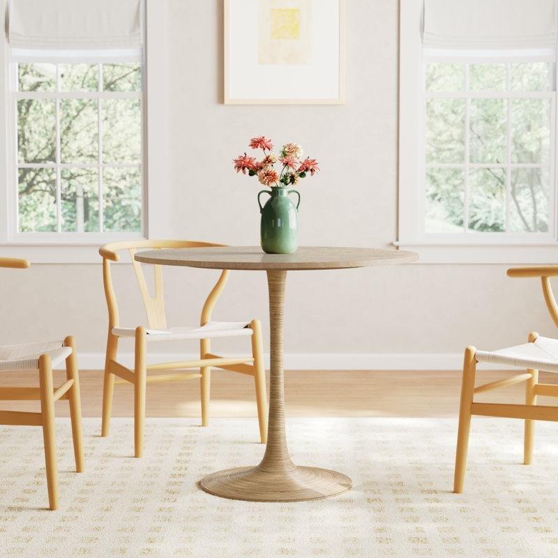 Traverten Tablalı Rattan Sargılı Kaide Ayaklı Bistro Masa - Doğal Renk Ø92 cm - 338820