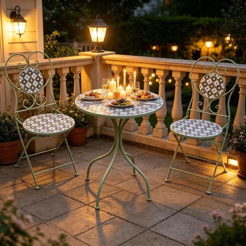 Yeşil Seramik Katlanabilir Çiçek Desenli Bistro Masa Takımı - 61 cm - 338751